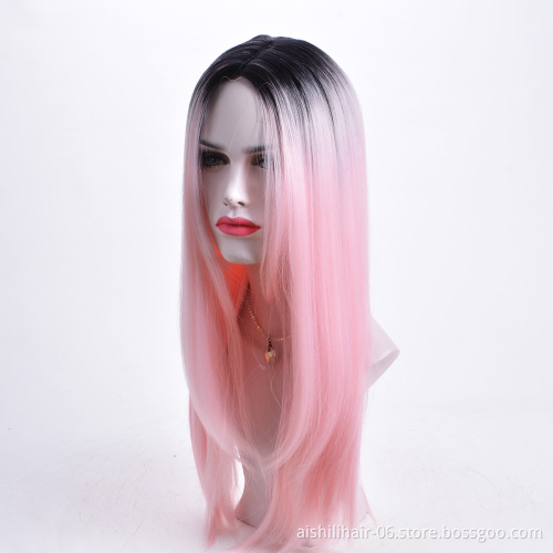 Aishili wholesale heat resistant long straight synthetic hair ombre black to pink synthetic hair wigs for women